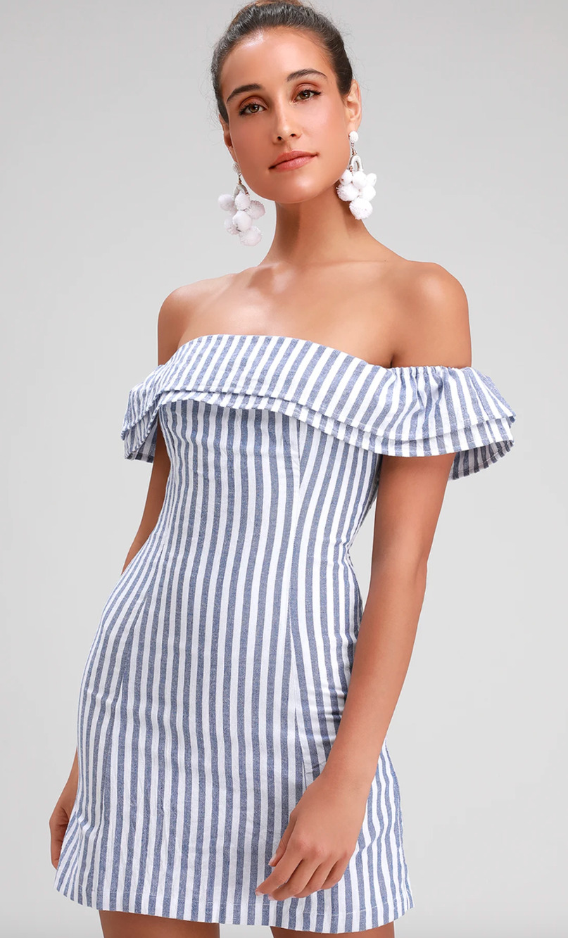 Lulus Seaside Skipper Blue Striped Off-the-Shoulder Mini Dress Nautical S NWT